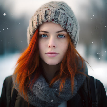 Portrait of beautiful young redhead woman in winter hat and scarfの素材