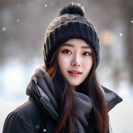 Beautiful asian woman wearing winter clothes in the city with snow backgroundの素材
