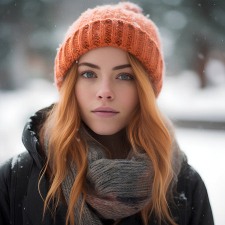 Portrait of a beautiful young redhead girl in a winter parkの素材