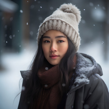 Portrait of a beautiful young asian woman in the winter parkの素材