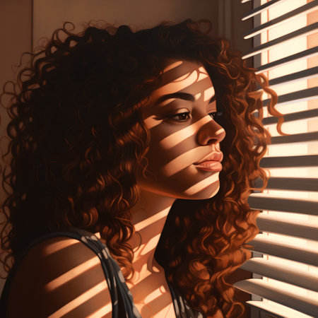 Portrait of beautiful woman with curly hair looking through the blindsの素材