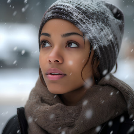 Beautiful young african american woman in winter clothes in snowy dayの素材