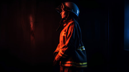 Portrait of a firefighter in uniform and helmet standing in the darkness.の素材