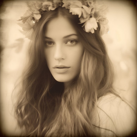 Portrait of a beautiful young woman in a wreath of flowersの素材