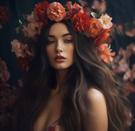 Fashion portrait of a beautiful young woman with flowers in her hairの素材