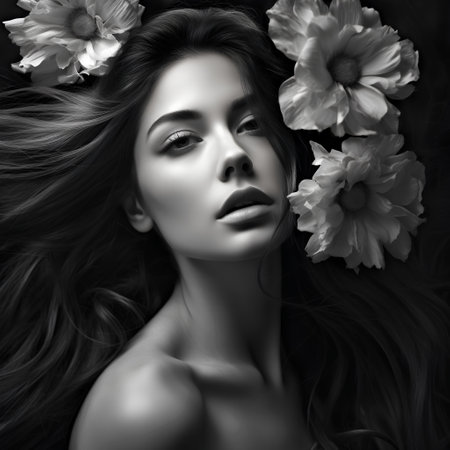 Beautiful young woman with flowers in her hair. Black and white portraitの素材