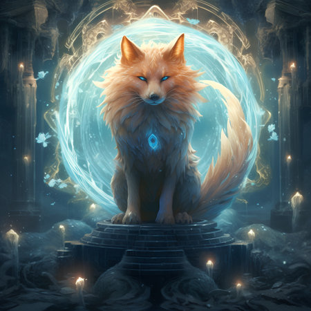 Fantasy scene with a fox sitting on a pedestal. 3D renderingの素材