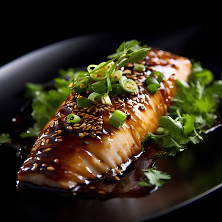 Saba fish with teriyaki sauce and parsley on black backgroundの素材