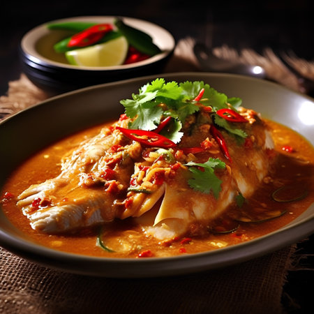 Steamed fish with spicy chili sauce in bowl, Thai food styleの素材