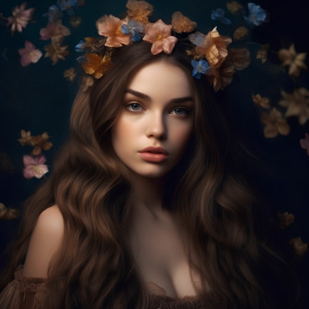 Beautiful young woman with flowers in her hair. Portrait of a beautiful girl with long curly hair.の素材