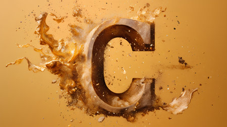 3d render of golden letter C with splash and drops isolated on orange backgroundの素材