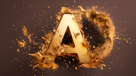 3d render of explosion letter A with splashes isolated on brown backgroundの素材