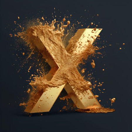 3d golden letter X lowercase splash, isolated on black backgroundの素材