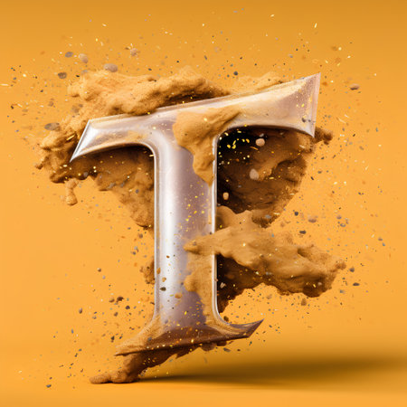 Broken letter T made of sand isolated on orange background. 3d rendering.の素材