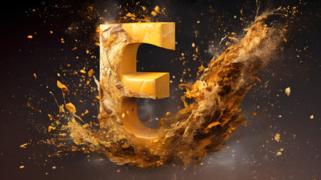 3d rendering of a golden 3d letter with explosion effect isolated on black backgroundの素材
