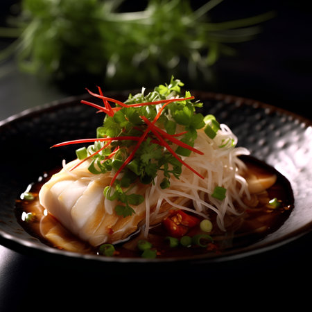 japanese noodle soup with fish and vegetables on black backgroundの素材
