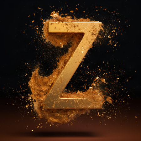 3d golden letter Z explosion with splashes isolated on black backgroundの素材