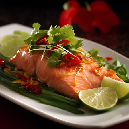 Salmon fillet with lime and herbs on a white plate.の素材