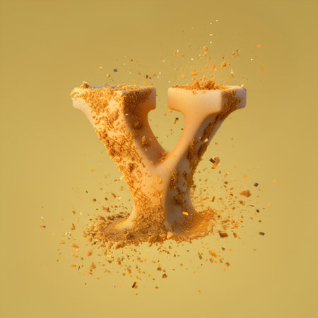 3d render of golden explosion letter Y isolated on yellow background.の素材