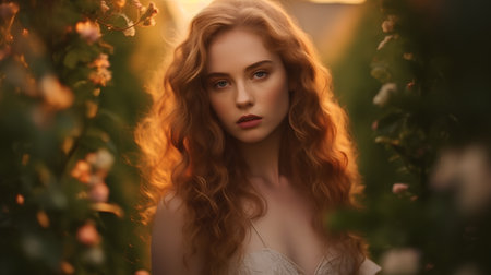 Portrait of a beautiful young woman with long curly red hair.の素材