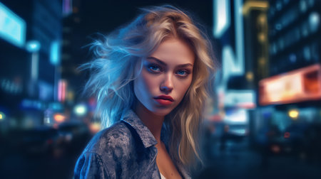 Portrait of a beautiful blonde woman in the city at night.の素材
