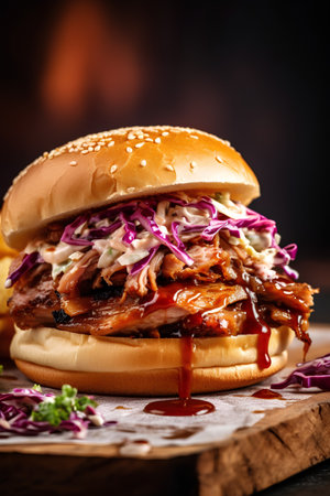 Closeup of tasty pulled pork burger with coleslaw and ketchupの素材