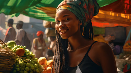 Beautiful african american woman with afro braids and headscarf in the marketの素材