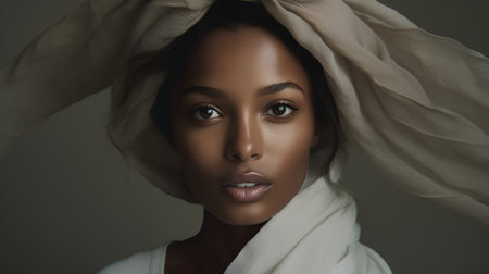 Portrait of a beautiful african american woman wearing white scarfの素材