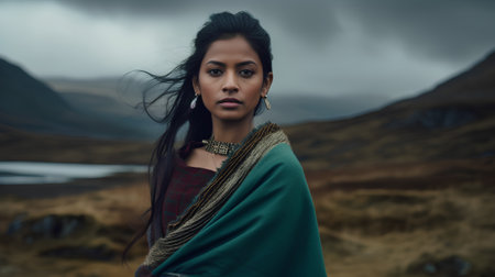 Beautiful young woman with long dark hair posing in Scottish Highlands.の素材