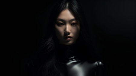 3d rendering of a beautiful asian woman in black leather jacketの素材
