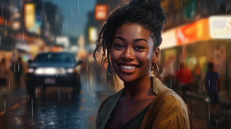 Portrait of a beautiful african american woman in the rainの素材