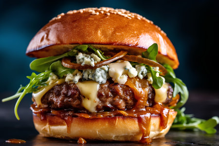 Delicious cheeseburger with blue cheese and arugula on black backgroundの素材