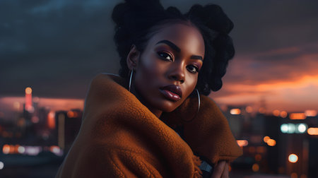 Beautiful african american woman in fur coat at night.の素材