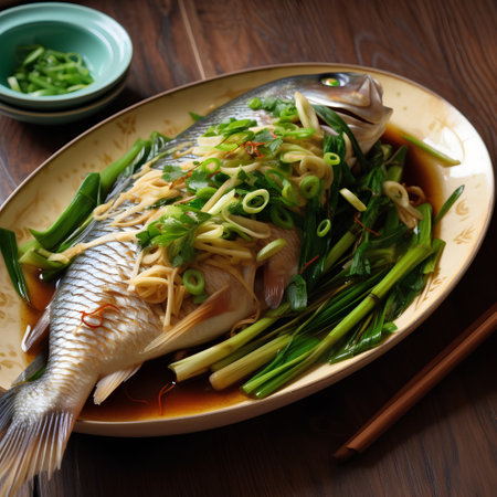 Chinese steamed fish with soy sauce and spring onions on wooden tableの素材