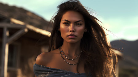 Portrait of a beautiful young woman with long brown hair standing in front of a wooden houseの素材