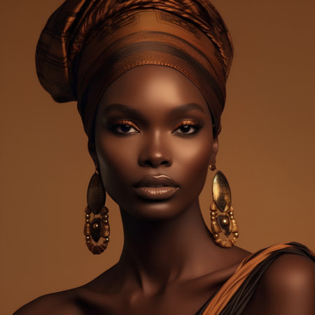 Portrait of a beautiful African American woman in a turban.の素材