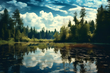 Forest lake with reflection of clouds and blue sky, retro style.の素材