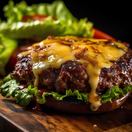 Beef hamburger with cheese, lettuce and tomato on wooden boardの素材