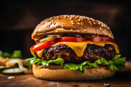 Cheese burger - American cheese burger with fresh vegetables on rustic wooden backgroundの素材