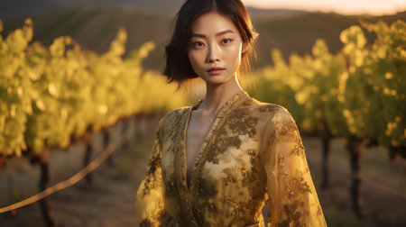 Beautiful young asian woman in vineyard at sunset. Beauty, fashion.の素材