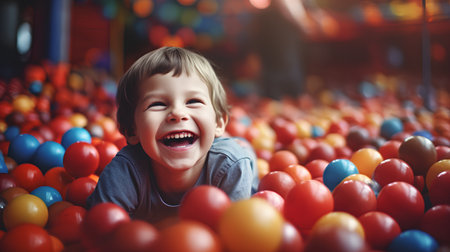Happy little boy playing with colorful balls in the childrens room.の素材