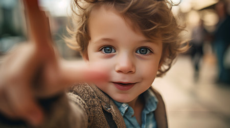 Portrait of a cute little boy with blond curly hair and blue eyesの素材