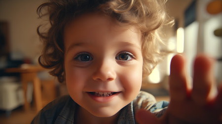 Portrait of cute little boy with curly hair looking at camera and smilingの素材