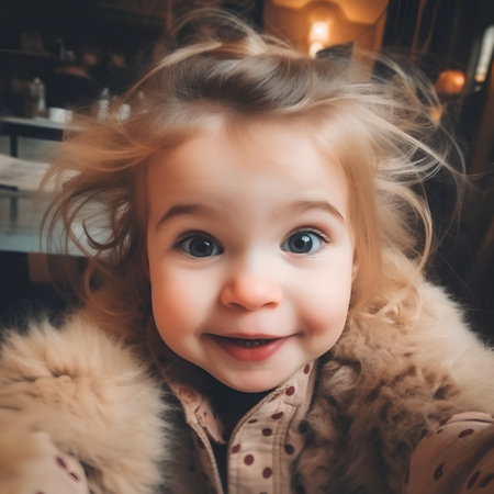 Portrait of a cute little girl with curly hair in a cafeの素材