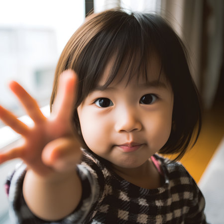 Portrait of little asian girl showing ok hand sign at homeの素材