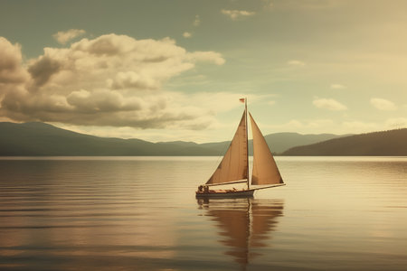 Sailboat on the lake with mountains in the background, retro styleの素材