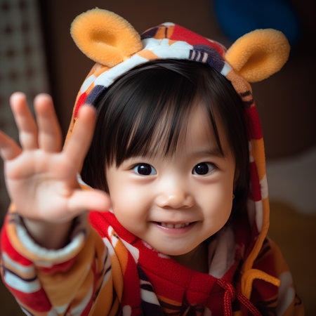 Portrait of a cute little asian girl with bear costume.の素材