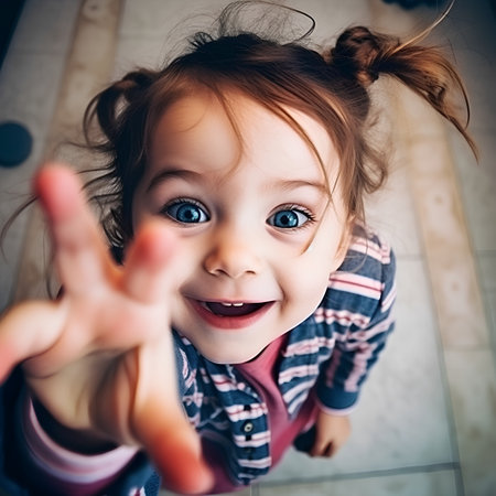 Portrait of a happy little girl showing ok hand sign with her fingersの素材
