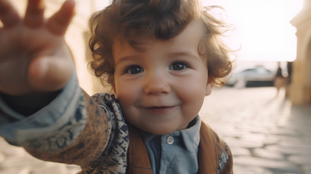 Portrait of a cute little boy with curly hair and blue eyesの素材