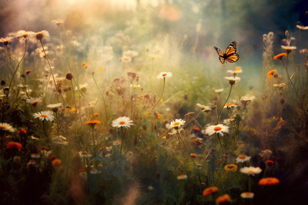 Beautiful meadow with daisies and butterfly at sunset.の素材